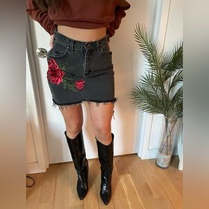 Carmar Black Denim Rose Raw Hem Skirt